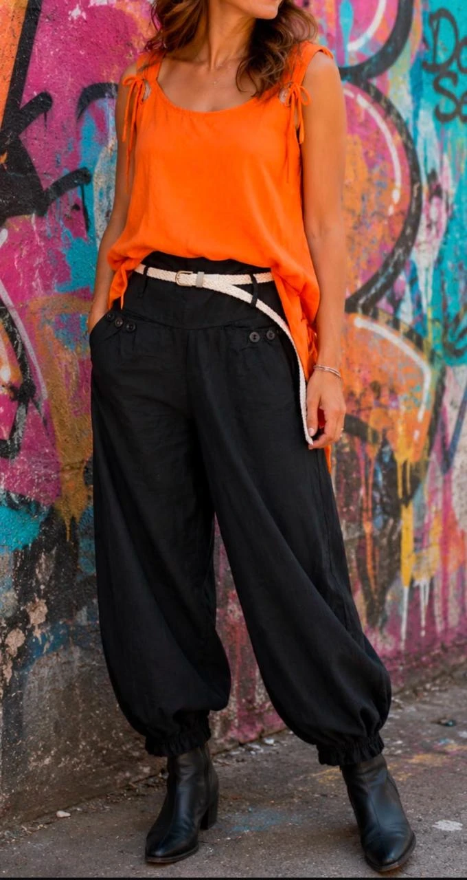 🍊 Ensemble Bohème corail & noir sans manche + ceinture cuir tressée blanc - M/L